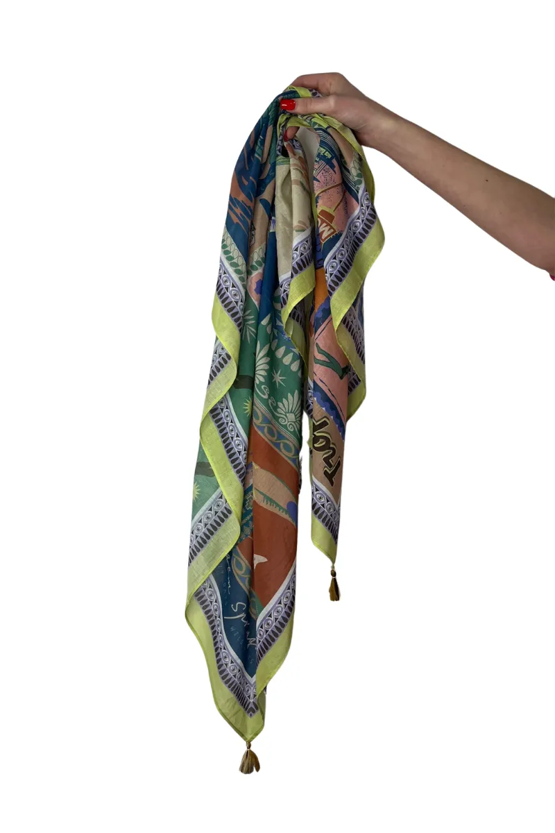 100% Cotton Printed Scarf in Lime Green & Pink: Square