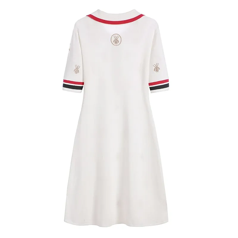 2023 Spring Summer Knit Cartoon Embroidered Polo Dress Woman Plus Size Black Casual Knee-length Straight Dresses Female