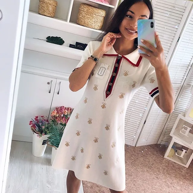 2023 Spring Summer Knit Cartoon Embroidered Polo Dress Woman Plus Size Black Casual Knee-length Straight Dresses Female