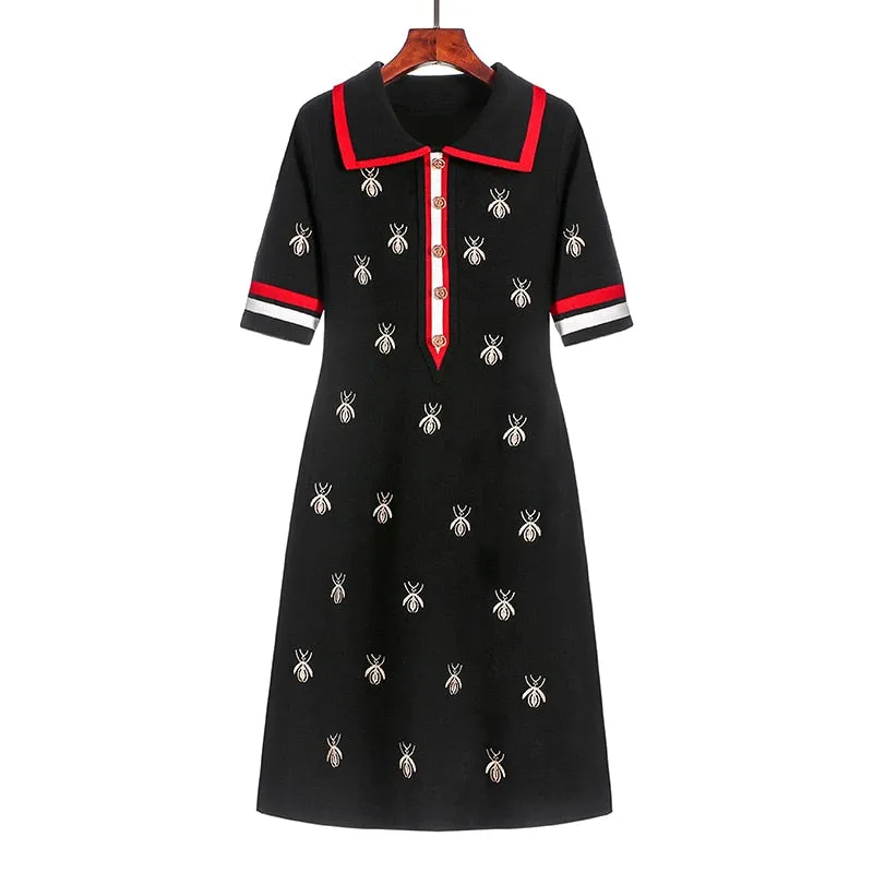 2023 Spring Summer Knit Cartoon Embroidered Polo Dress Woman Plus Size Black Casual Knee-length Straight Dresses Female