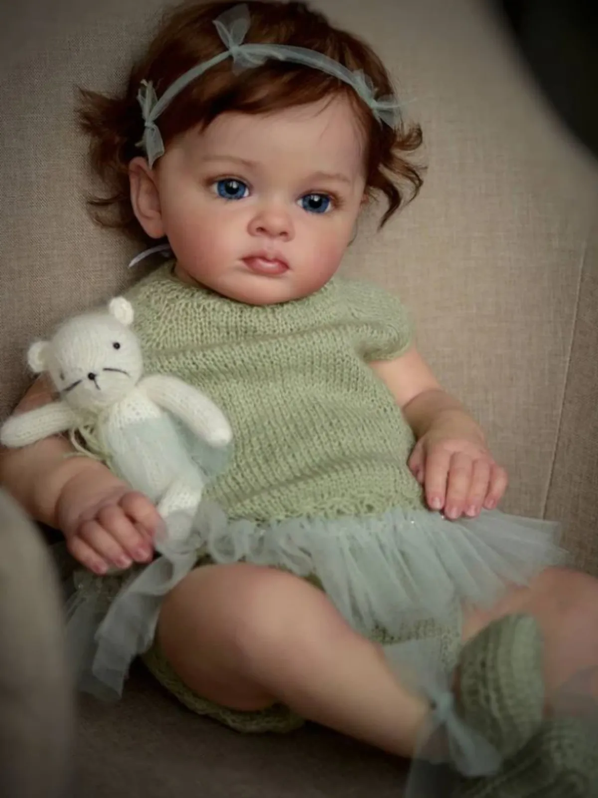 24" Reborn Realistic Cute  Baby Doll in Green Knit Dress