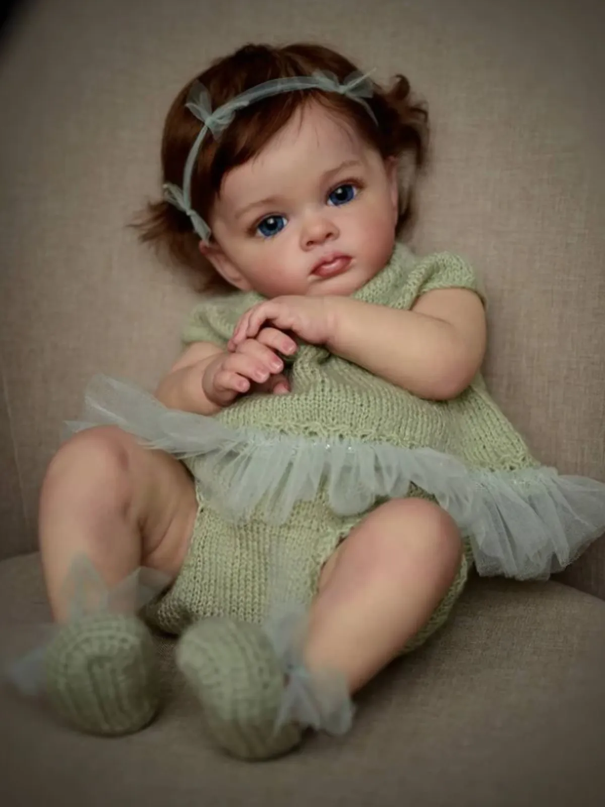 24" Sweet Pea Lifelike  Baby Doll in Green Knit Dress