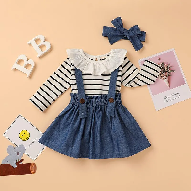 3-piece Lace Striped Bodysuit & Solid Strap Dresses & Headband for Baby Girl Wholesale children's clothing