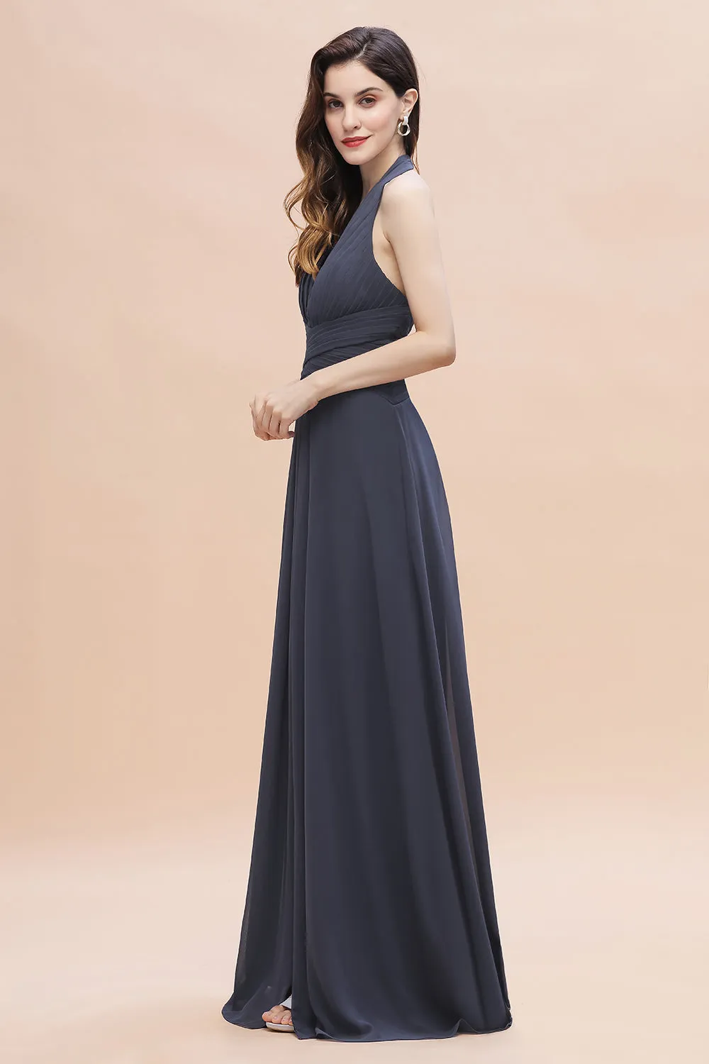 A-Line Halter V-neck Backless Chiffon Long Bridesmaid Dress with Slit