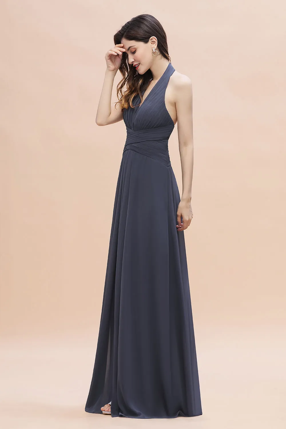 A-Line Halter V-neck Backless Chiffon Long Bridesmaid Dress with Slit