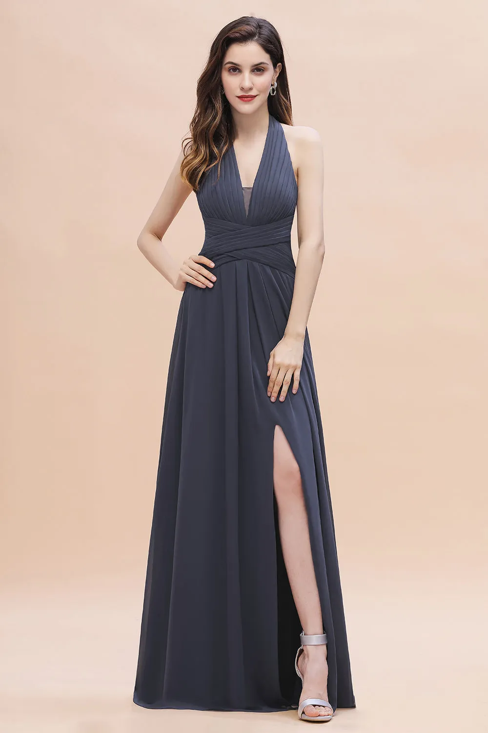 A-Line Halter V-neck Backless Chiffon Long Bridesmaid Dress with Slit