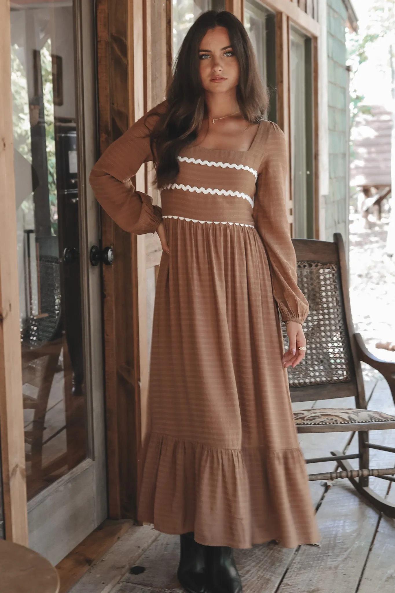 A Little Park Picnic Long Sleeve Mocha Dress