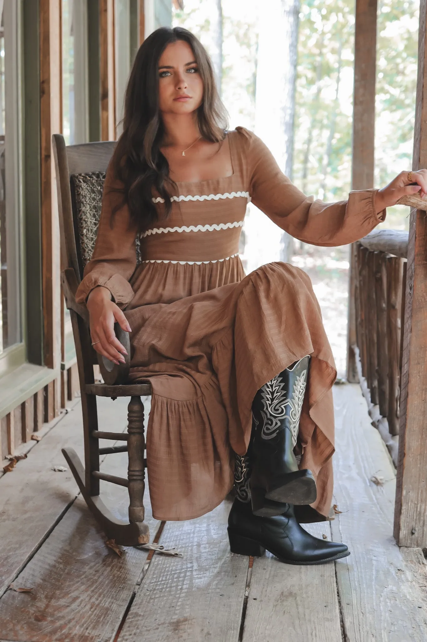 A Little Park Picnic Long Sleeve Mocha Dress