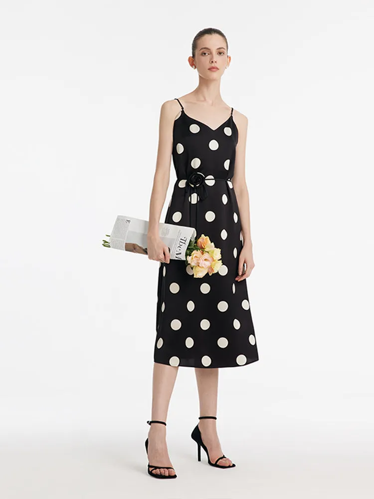 Acetate Polka Dots Printed Spaghetti Strap Women Midi Dress With Rose Belt