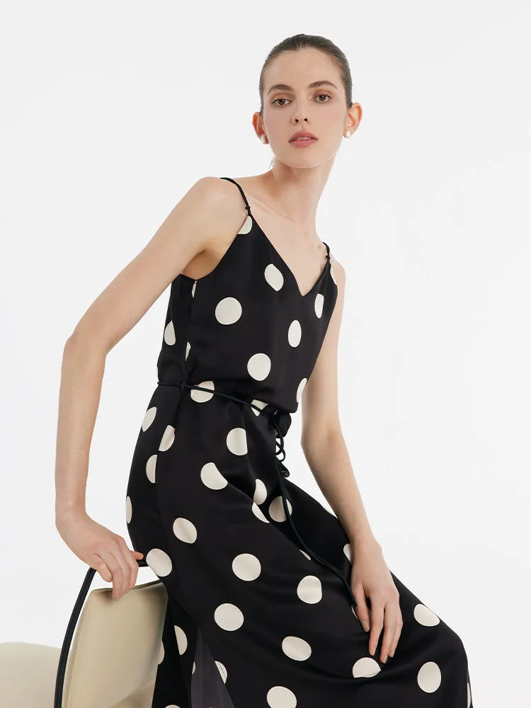 Acetate Polka Dots Printed Spaghetti Strap Women Midi Dress With Rose Belt