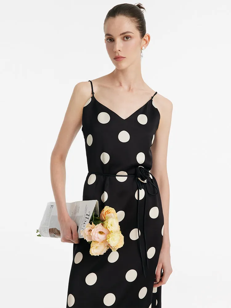 Acetate Polka Dots Printed Spaghetti Strap Women Midi Dress With Rose Belt