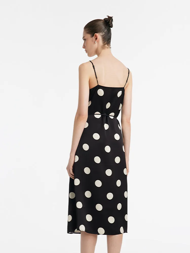 Acetate Polka Dots Printed Spaghetti Strap Women Midi Dress With Rose Belt