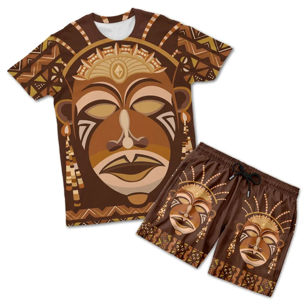 African Mask Printed Mudcloth T-shirt and Shorts Set