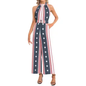 Americana Halter Neck Buckle Belted Jumpsuit