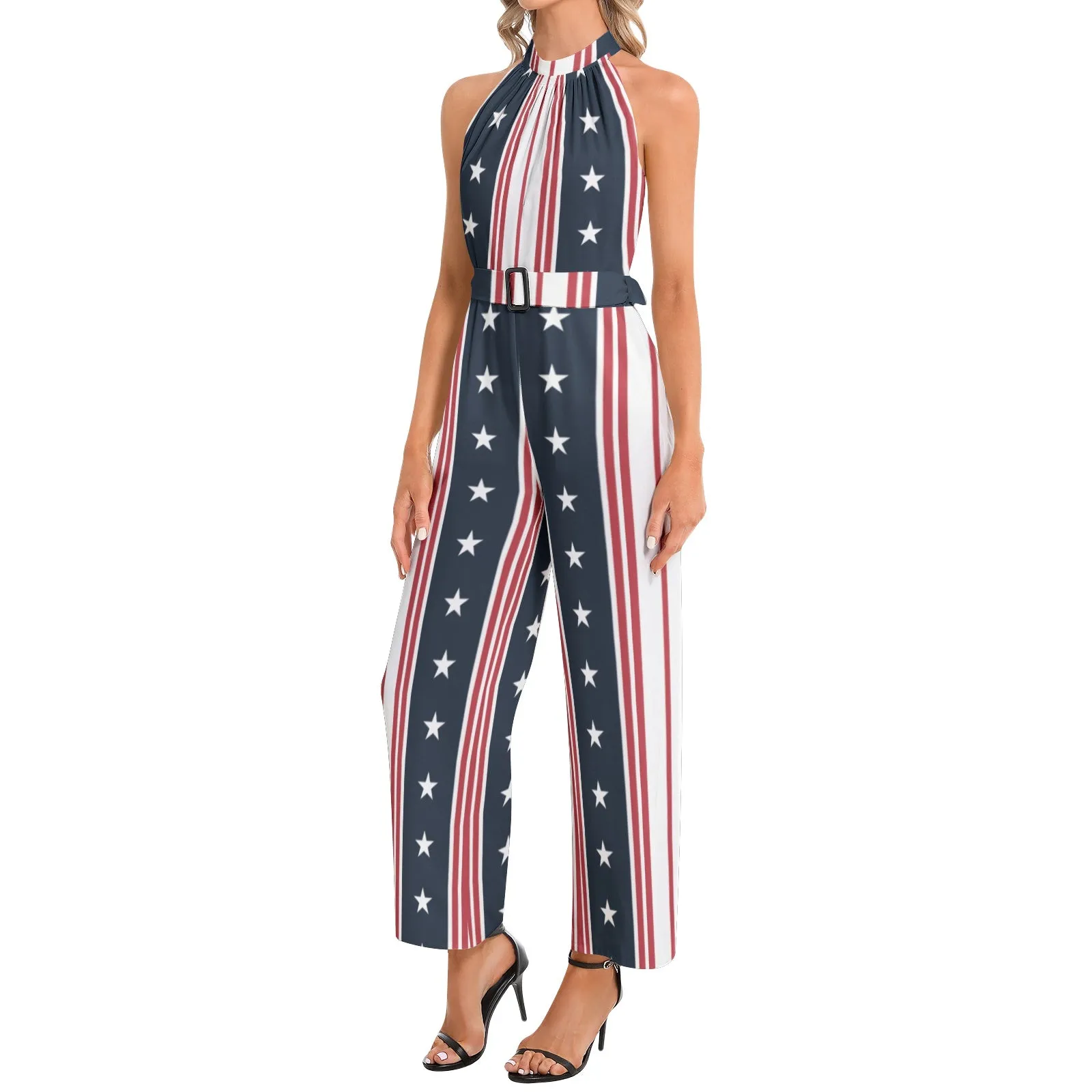 Americana Halter Neck Buckle Belted Jumpsuit