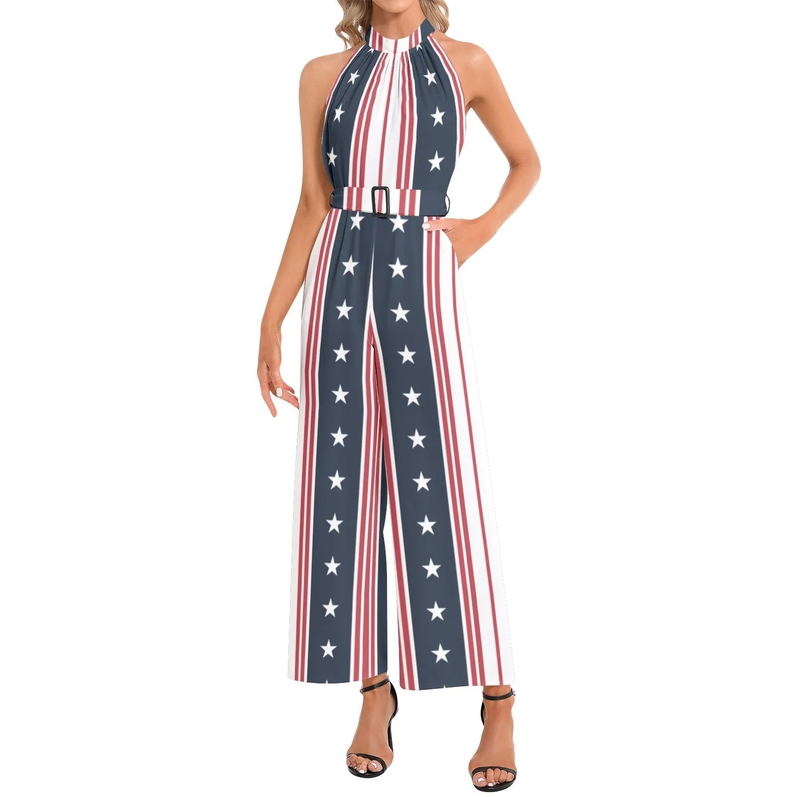 Americana Halter Neck Buckle Belted Jumpsuit