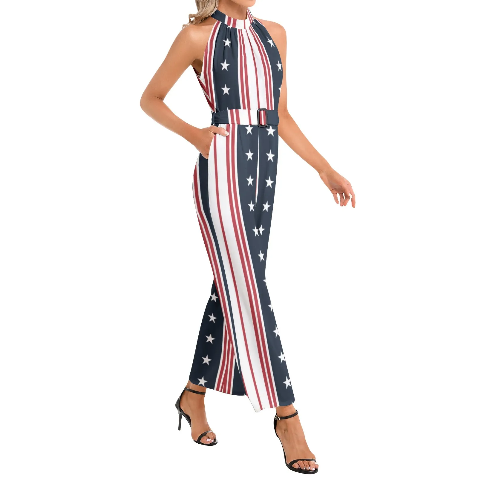 Americana Halter Neck Buckle Belted Jumpsuit