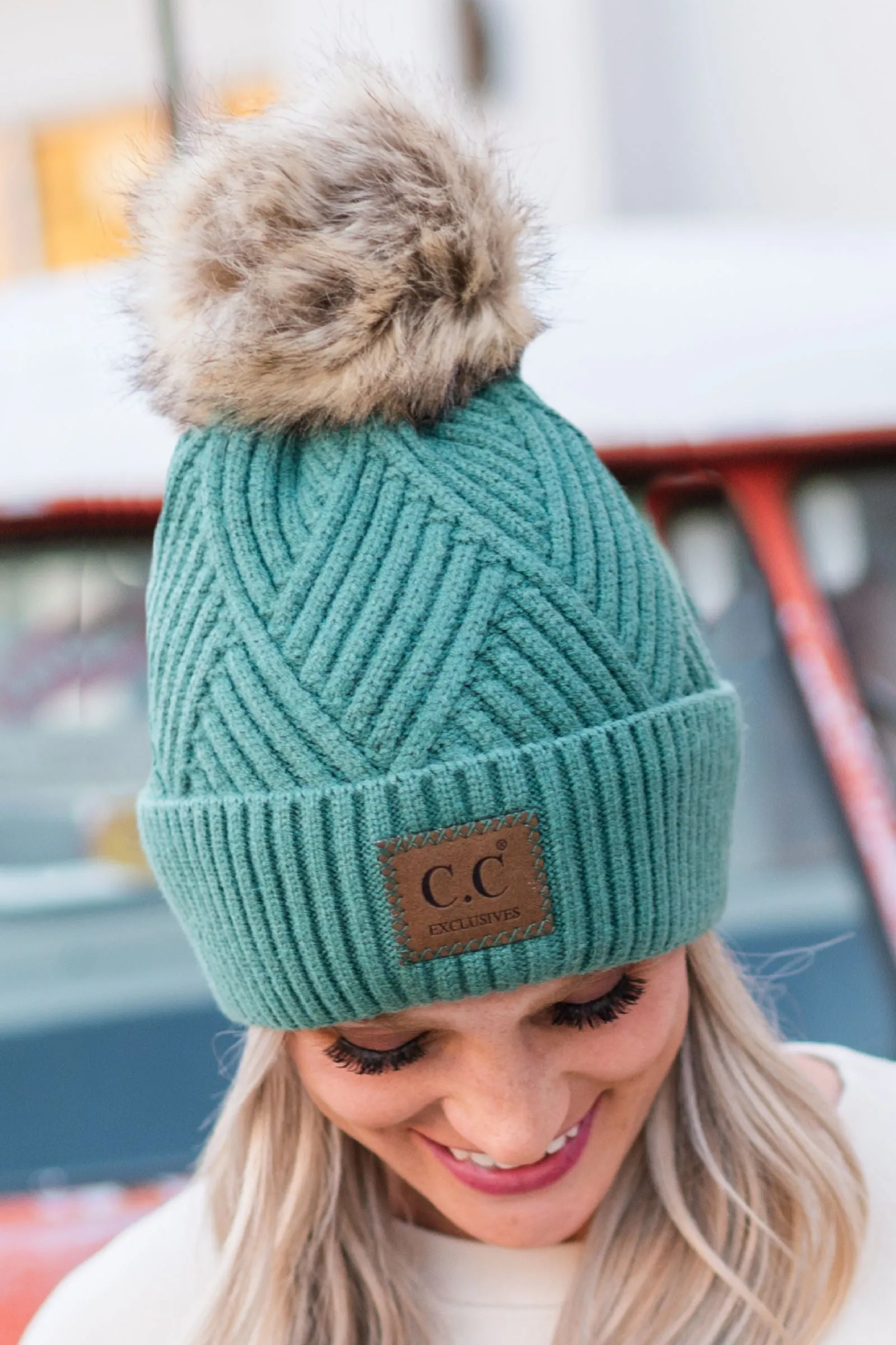 Antique Sea Green CC Criss Cross Suede Patch Beanie