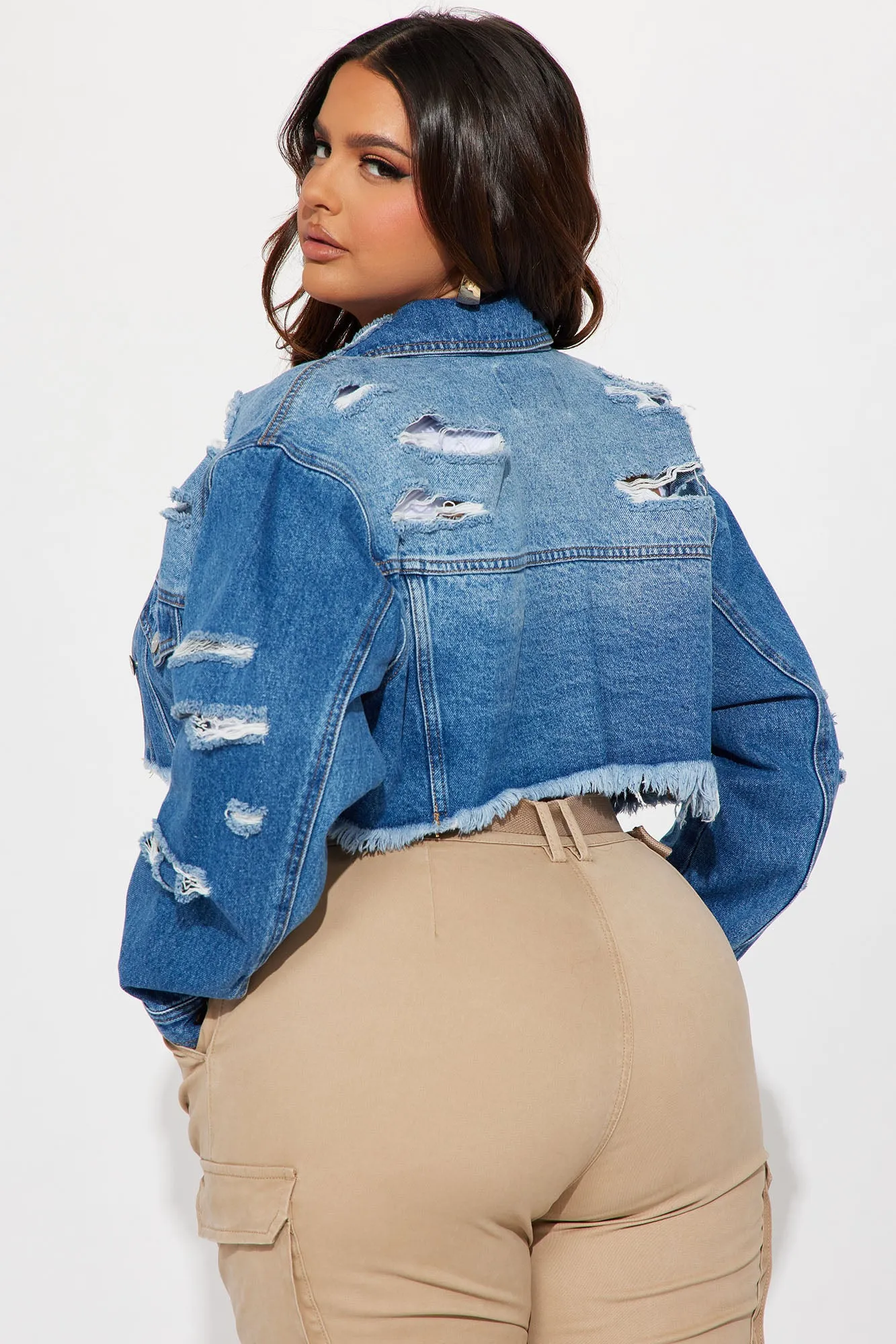 Area Code Cropped Ripped Denim Jacket - Medium Wash