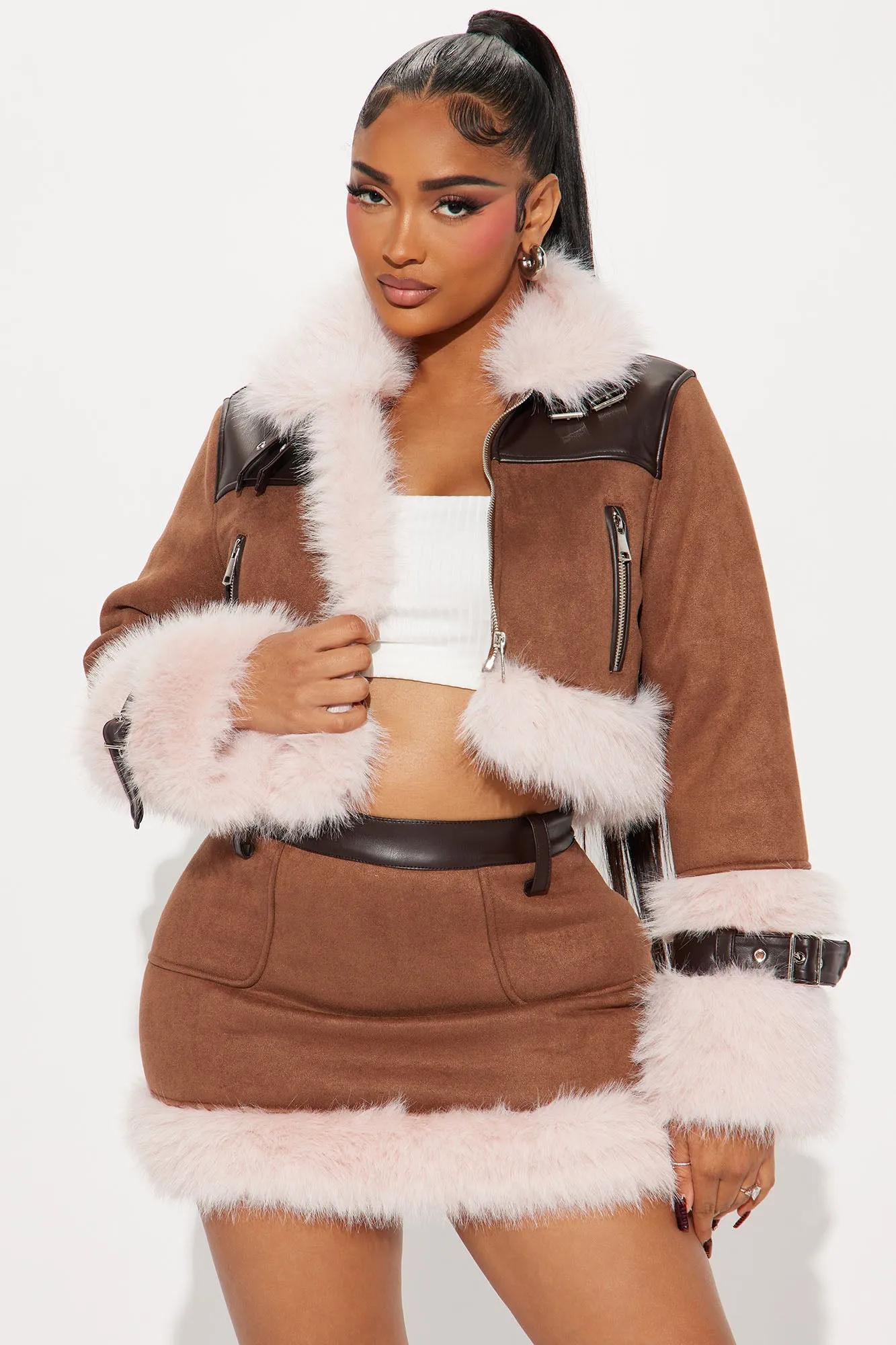 Aspen Faux Fur Trim Skirt Set - Brown/combo