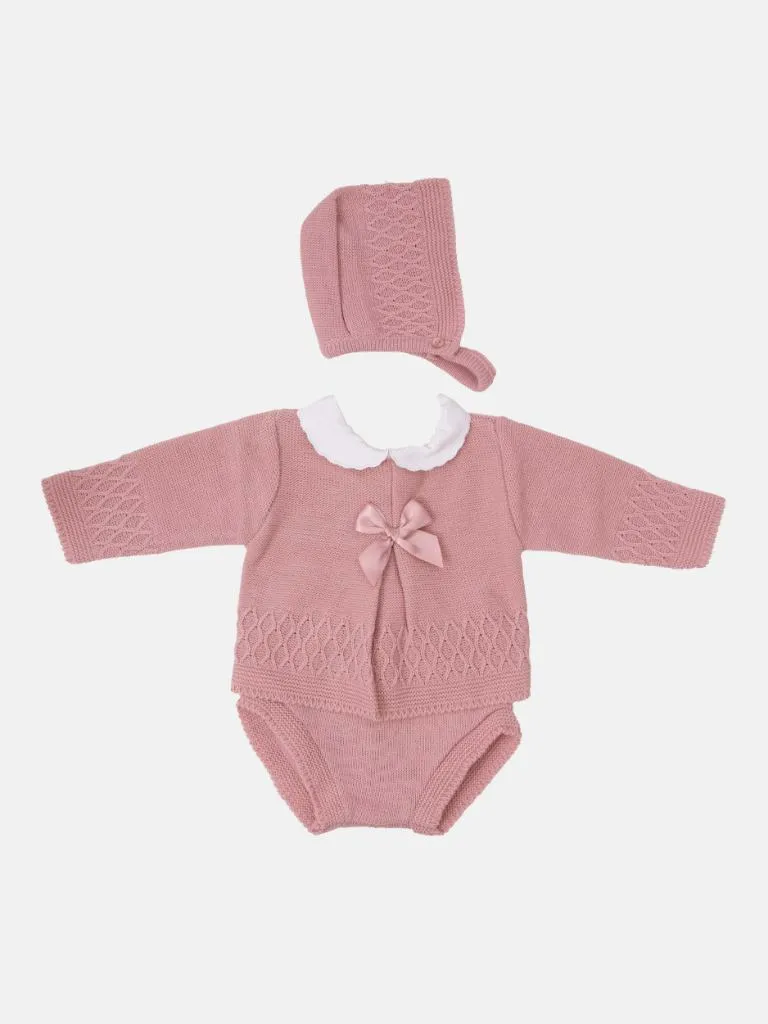 Baby Girl Sofia Collection Knitted 3 piece set with Satin Bow and Bonnet - Dusty Pink