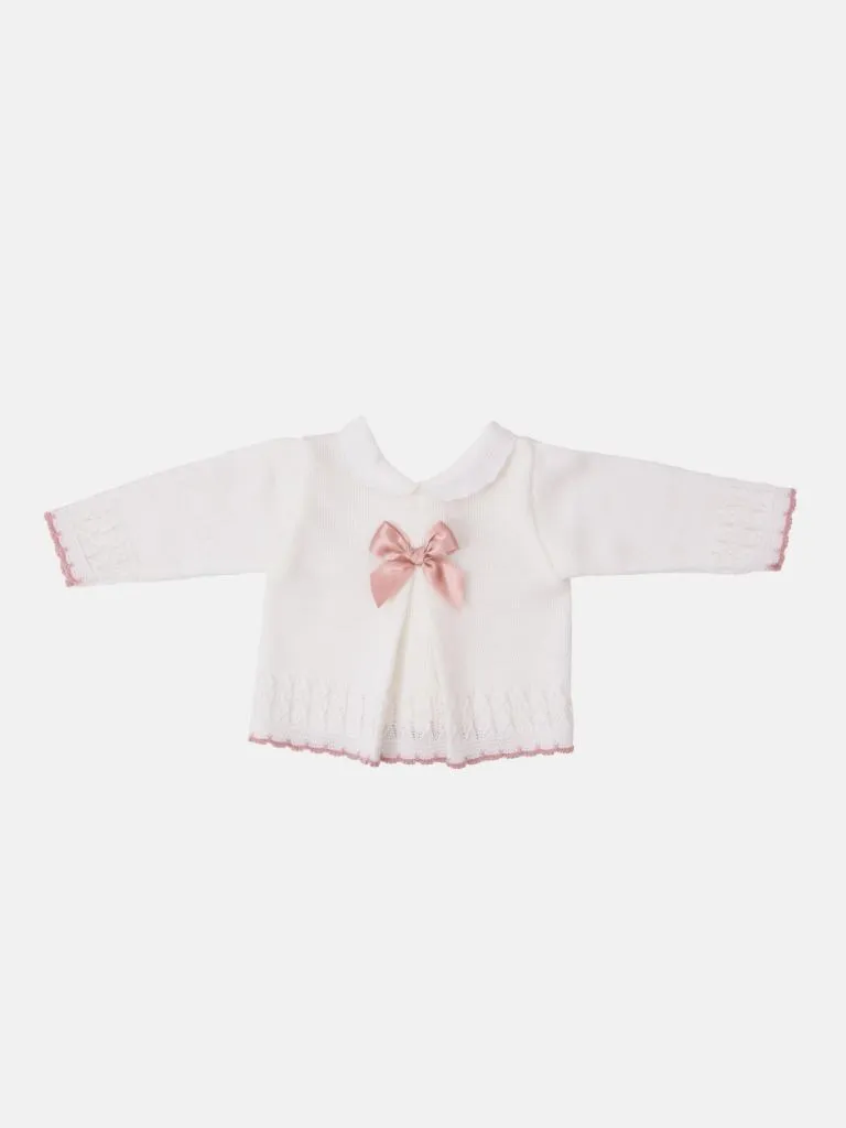 Baby Girl Sofia Collection Knitted 3 piece set with Satin Bow and Bonnet - White with Dusty Pink Bow