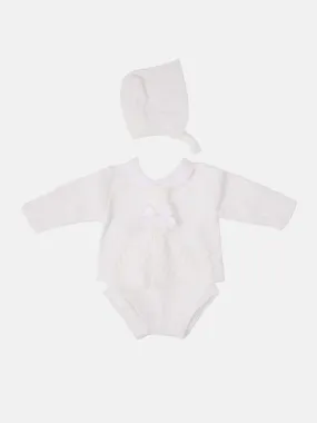 Baby Girl Sofia Collection Knitted 3 piece set with Satin Bow and Bonnet - White