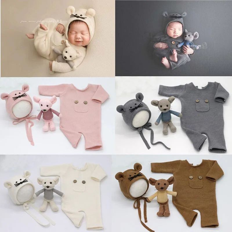 Baby Newborn Photography Props Mouse Doll Baby Boy Girl Romper Bodysuits Outfit  Photography Baby Studio Shooting Props Clothing