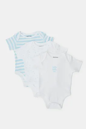 Baby White And Blue Printed Bodysuit Set (Pack Of 3)