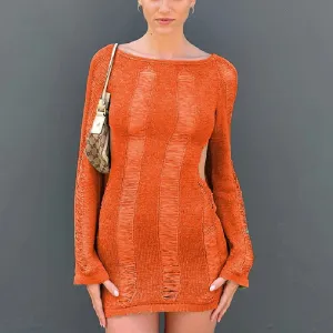 Backless Cutout Long Sleeve Round Neck Solid Color Crochet Knit See Through Mini Beach Sun Summer Sexy Dress