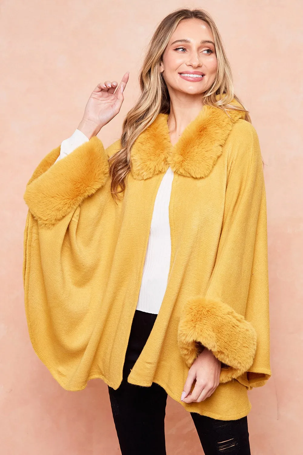 Batwing Sleeve Faux Fur Trimmed Poncho Sweater Cape