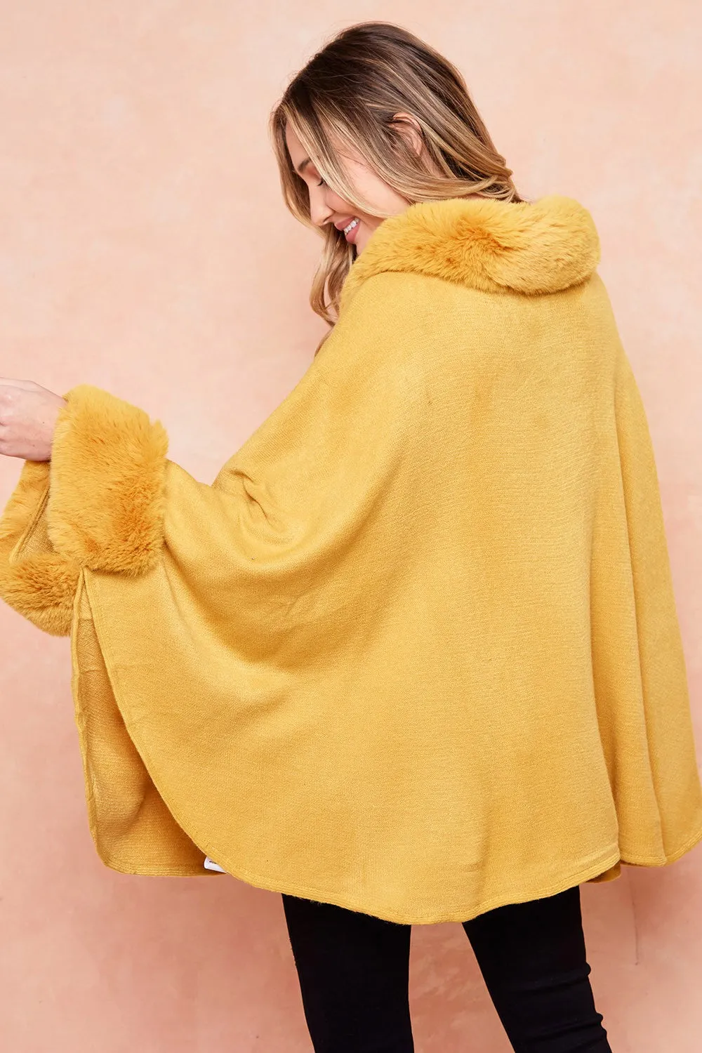 Batwing Sleeve Faux Fur Trimmed Poncho Sweater Cape