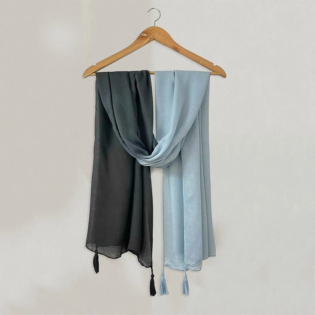 Black & Grey Ombre Double Shaded Viscose Scarf with Corner Tassels