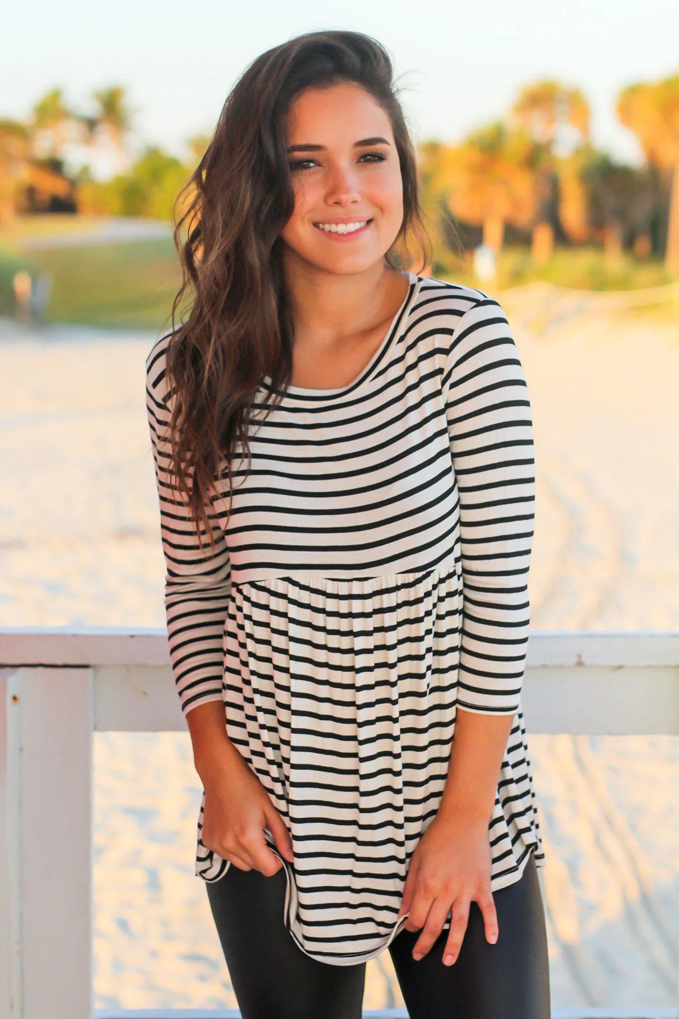 Black and White Striped Babydoll Top with 3/4 Sleeves