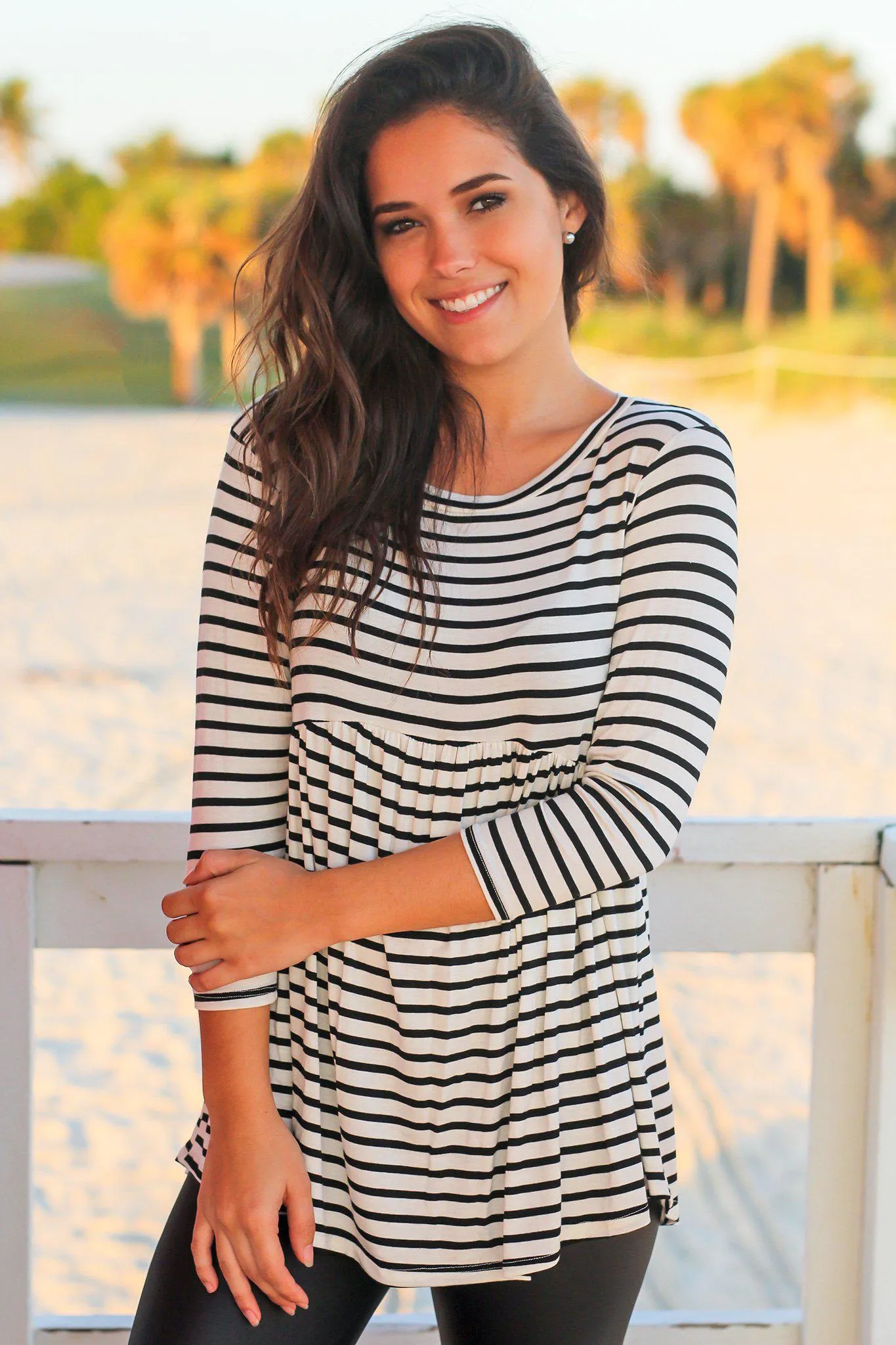 Black and White Striped Babydoll Top with 3/4 Sleeves