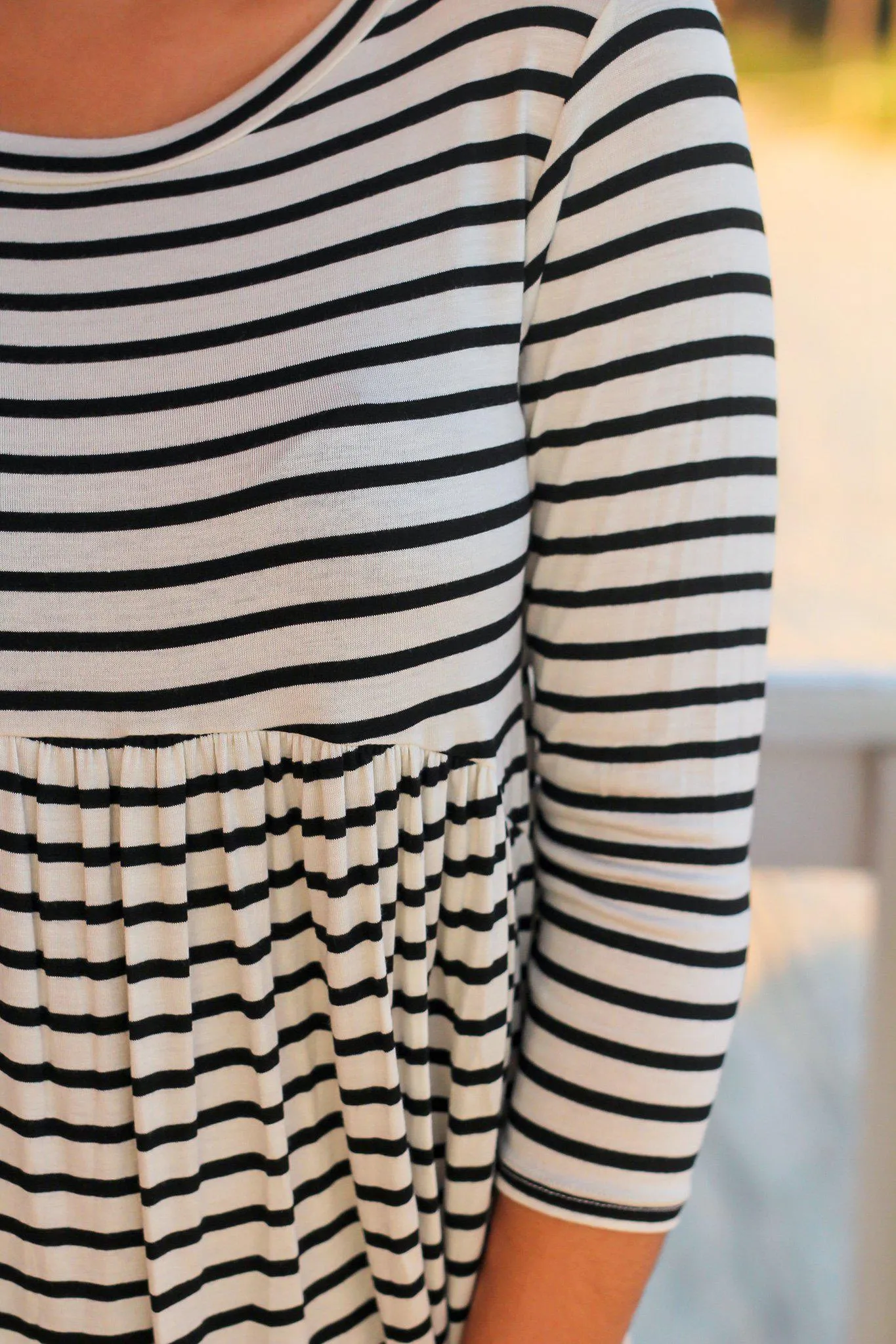 Black and White Striped Babydoll Top with 3/4 Sleeves