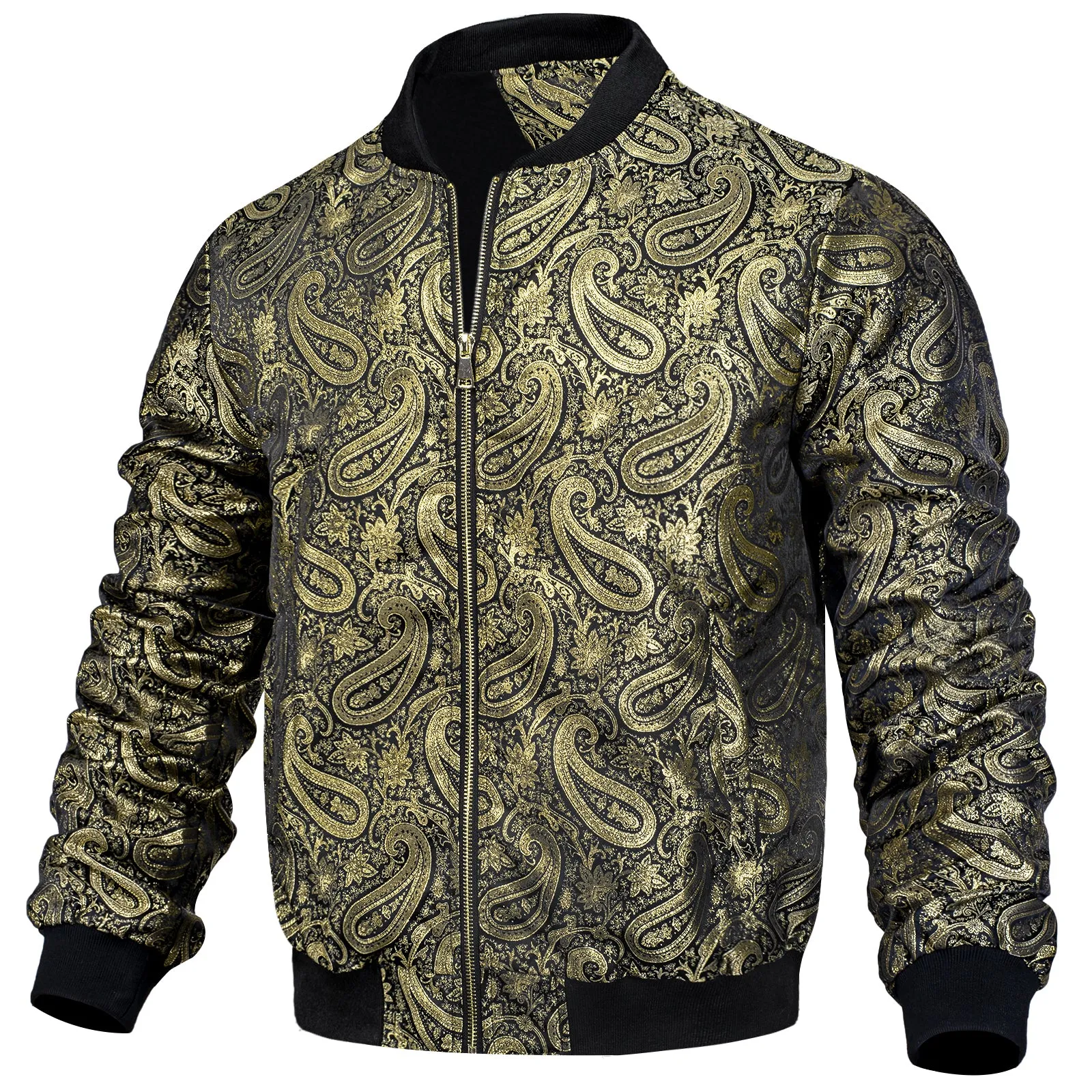 Black Golden Paisley Men's Zipper Thin Woven Jacket