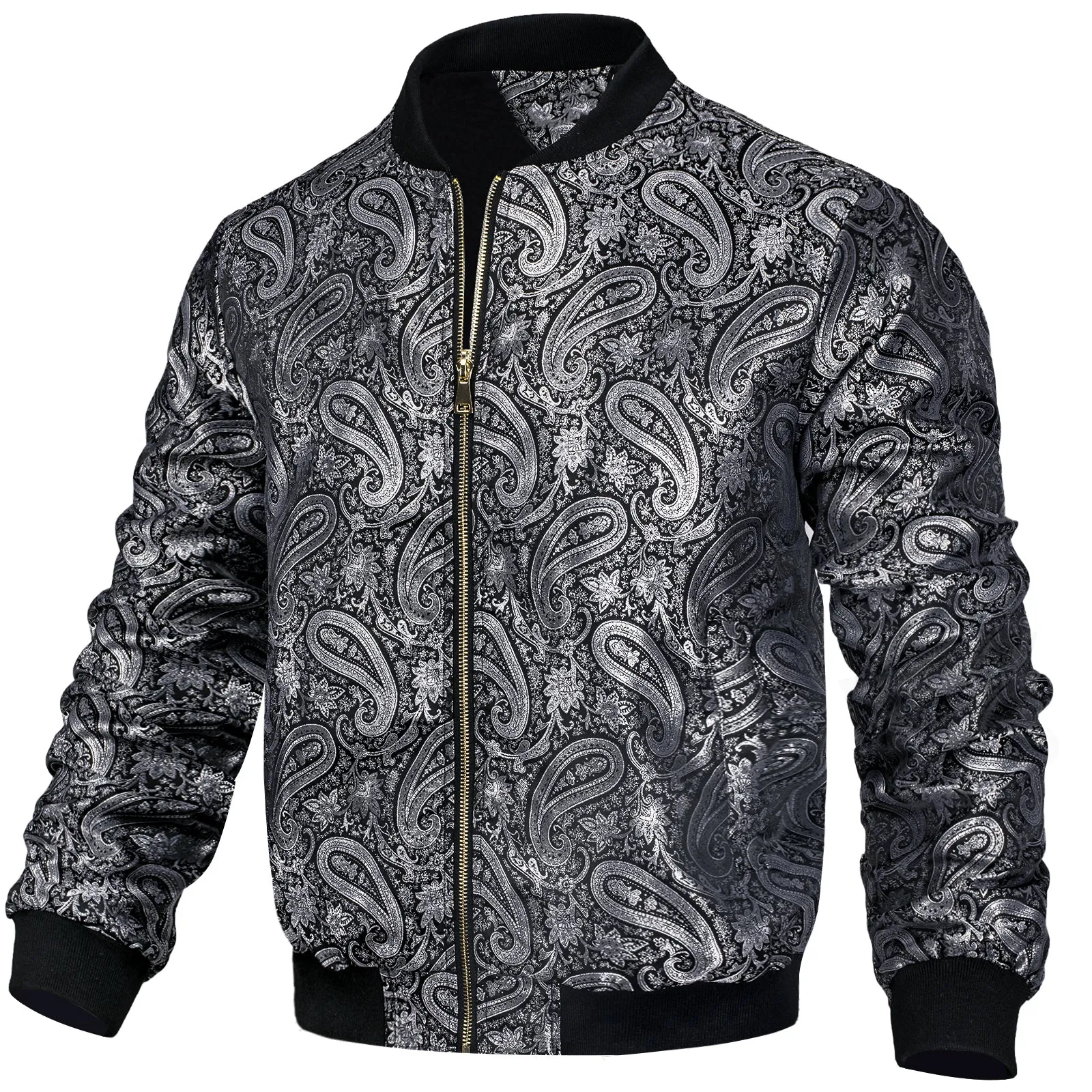 Black Grey Paisley Men's Zipper Thin Woven Jacket