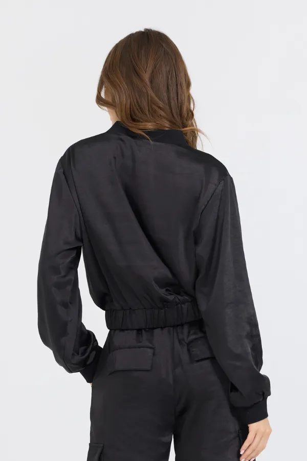 Black Heavy Satin Bomber