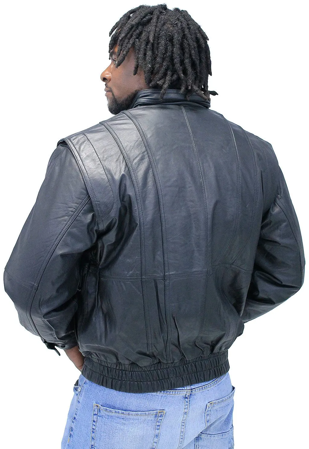 Black Leather Bomber Jacket w/Mandarin Collar #M511ZK ()