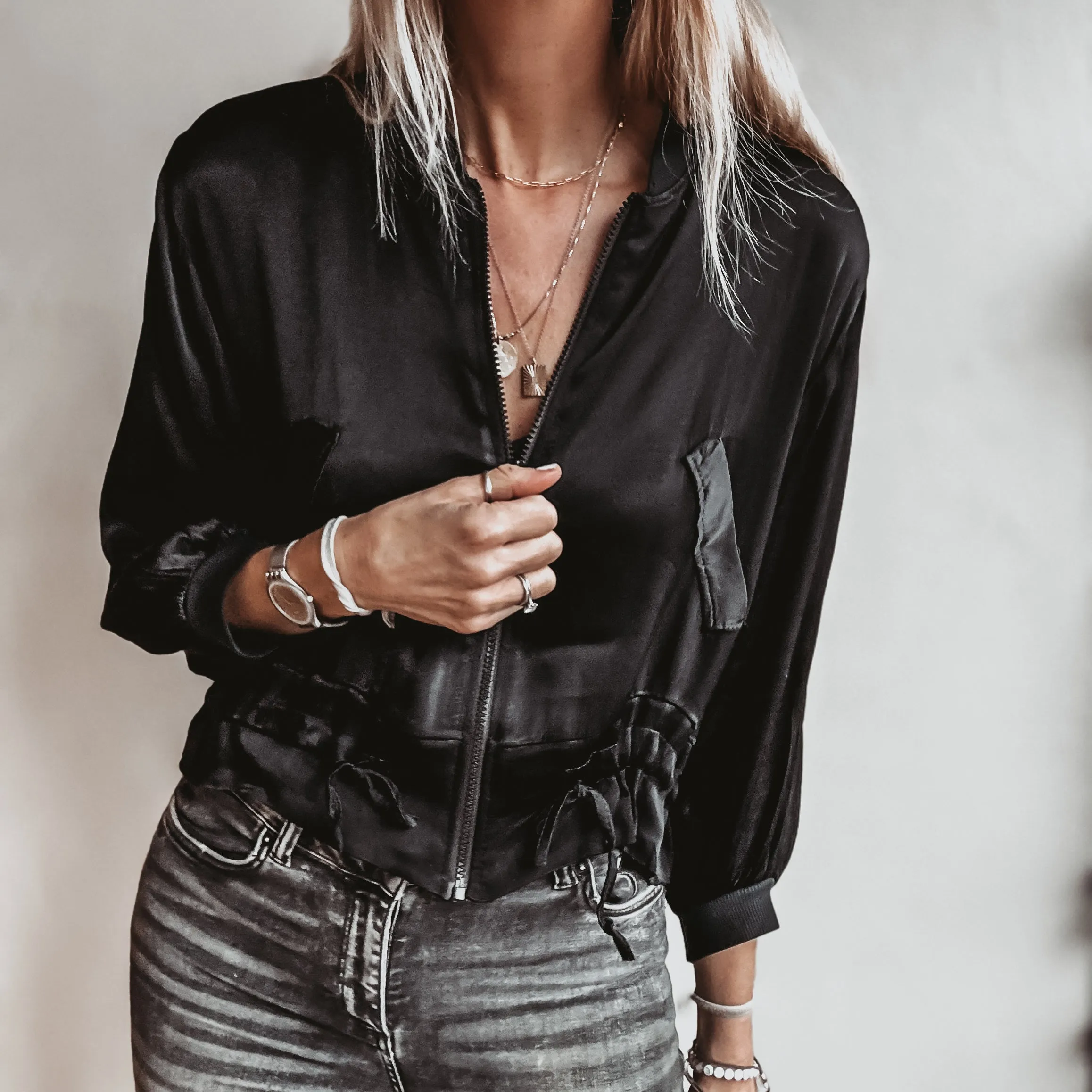 BLACK Satin bomber top