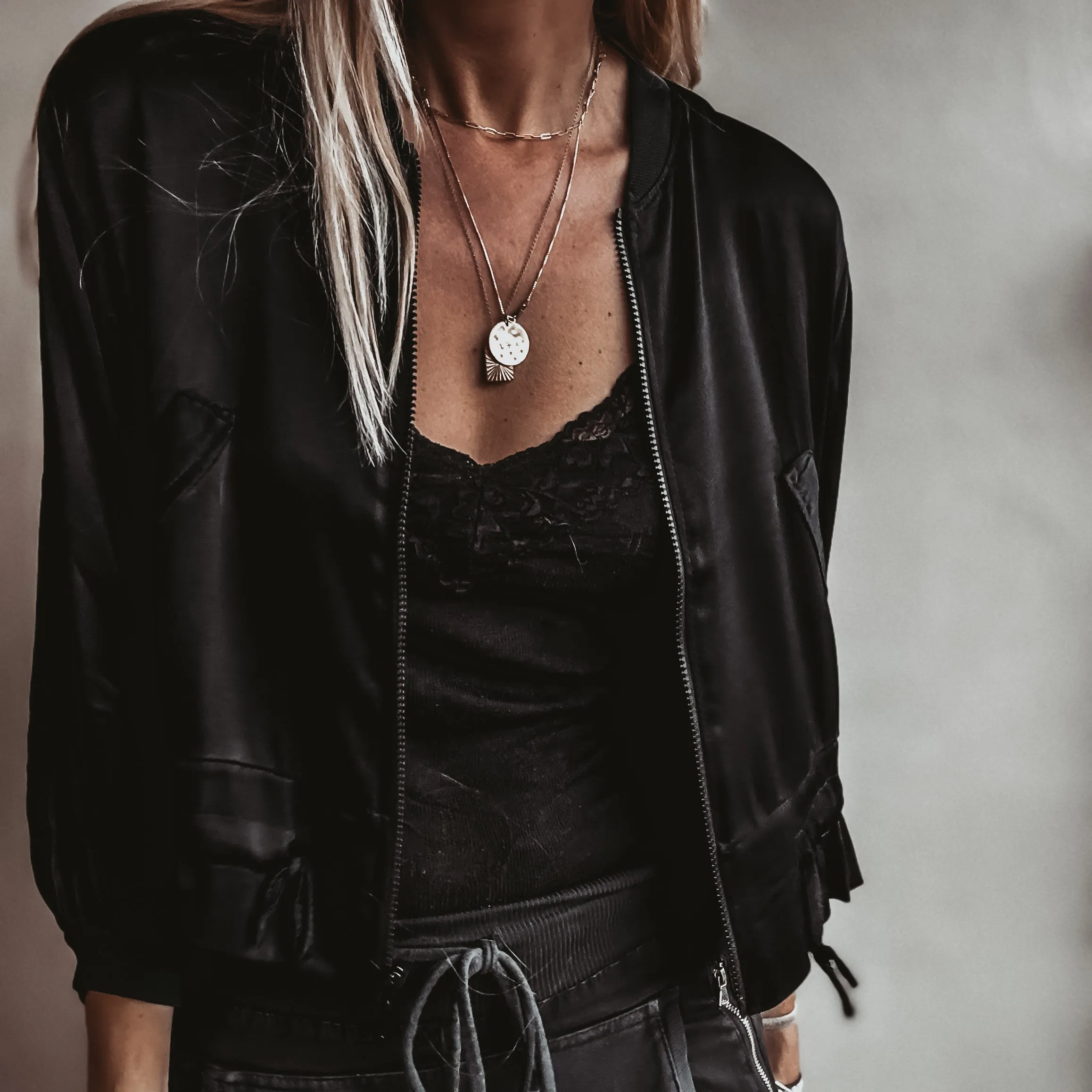 BLACK Satin bomber top