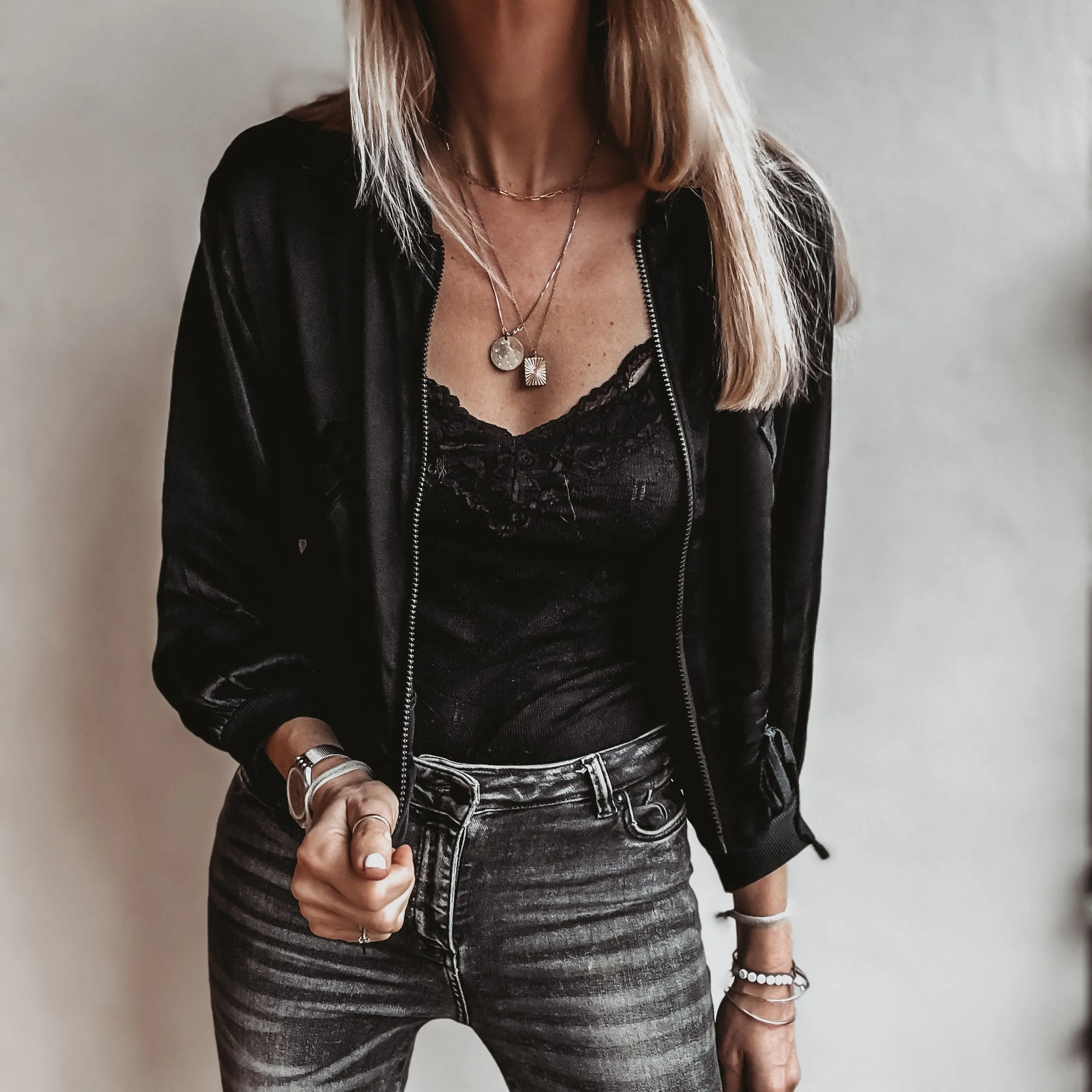 BLACK Satin bomber top