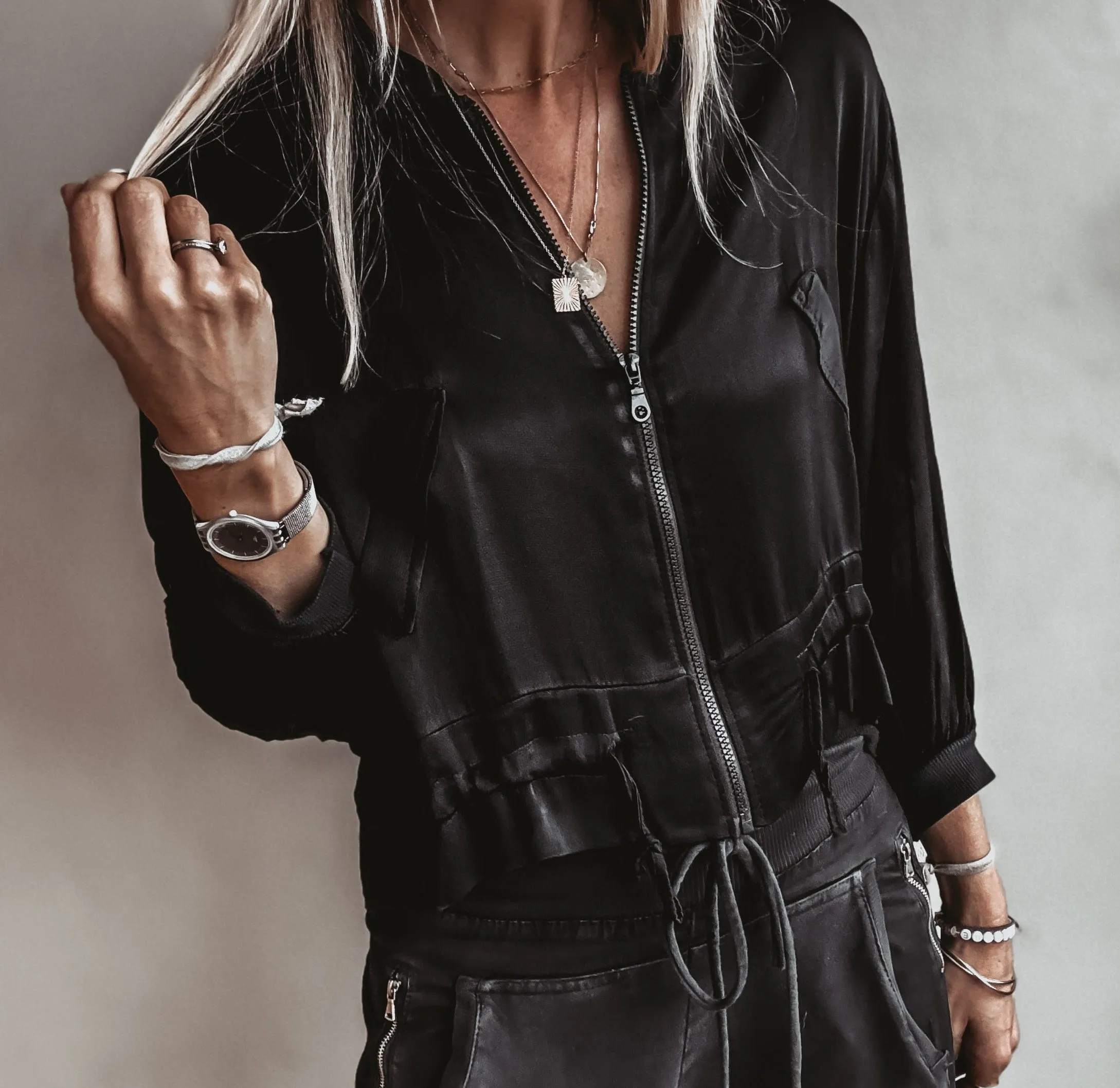 BLACK Satin bomber top