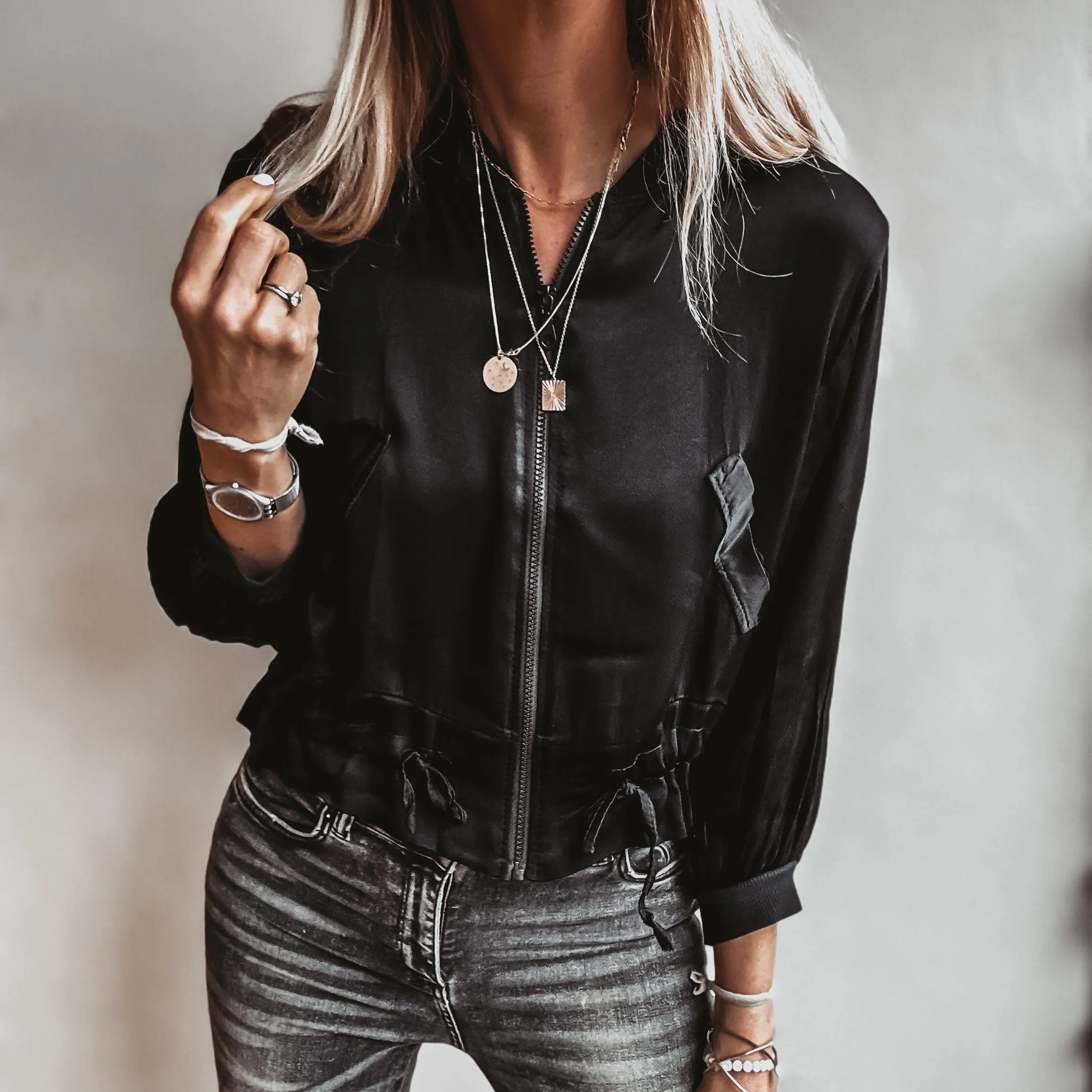 BLACK Satin bomber top