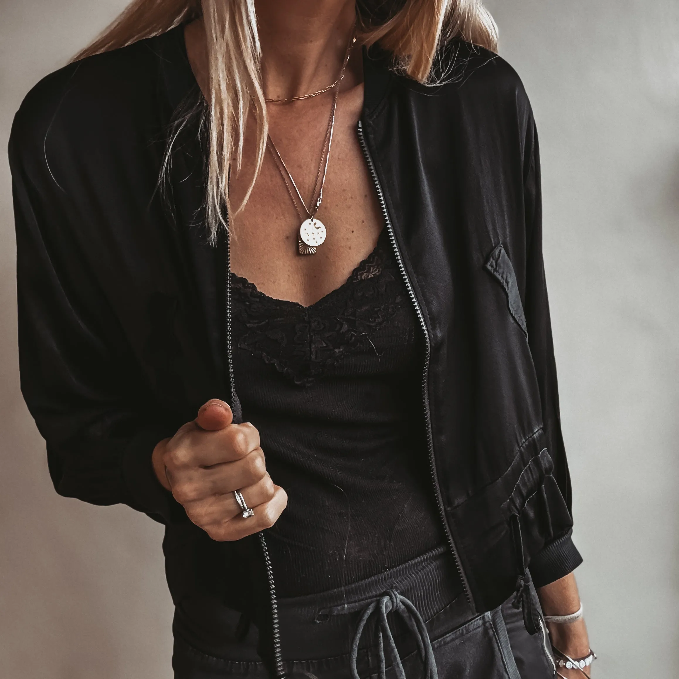 BLACK Satin bomber top