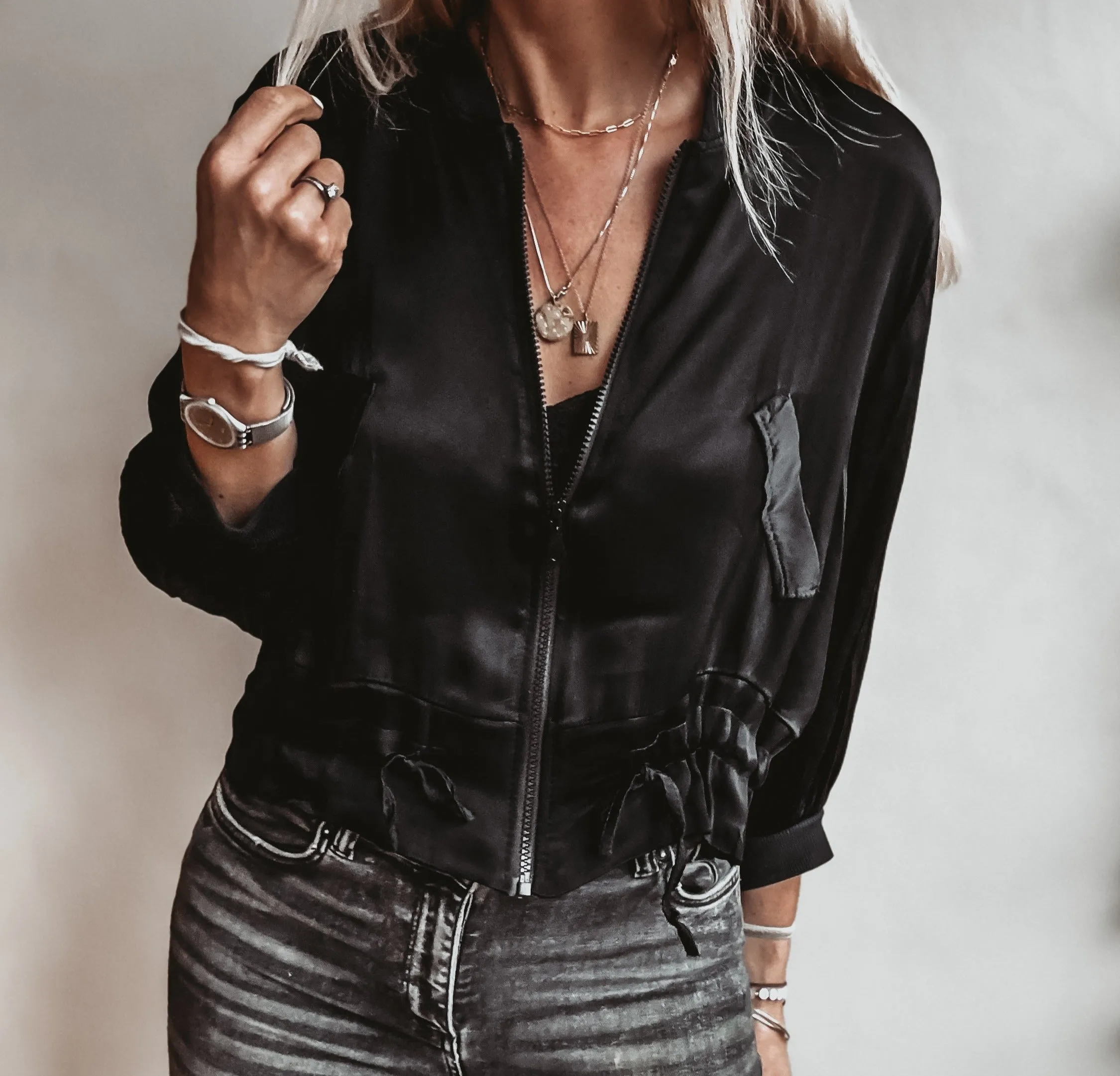 BLACK Satin bomber top