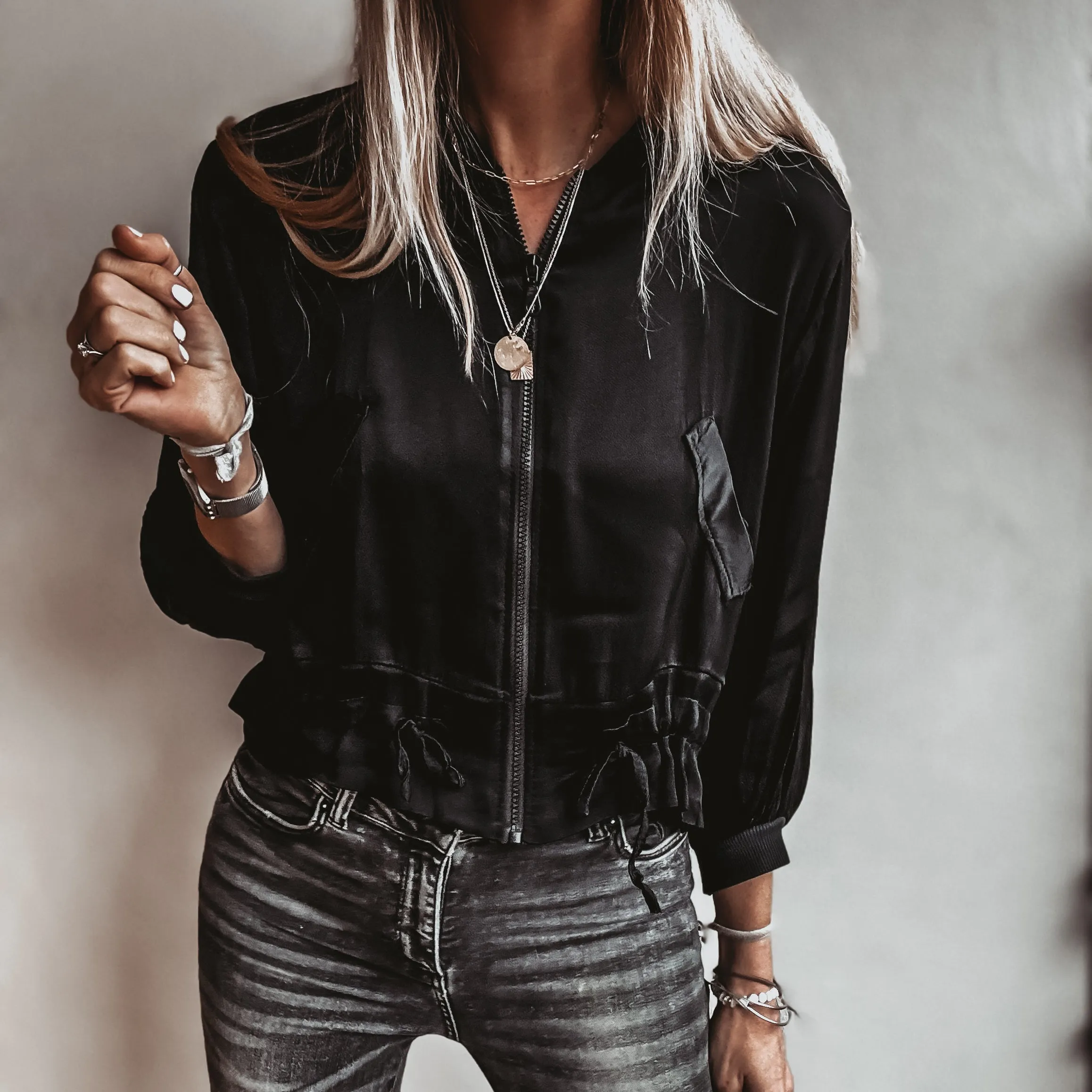 BLACK Satin bomber top