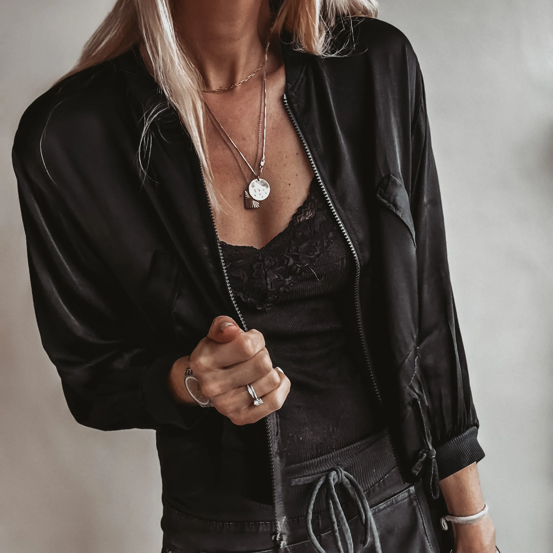 BLACK Satin bomber top