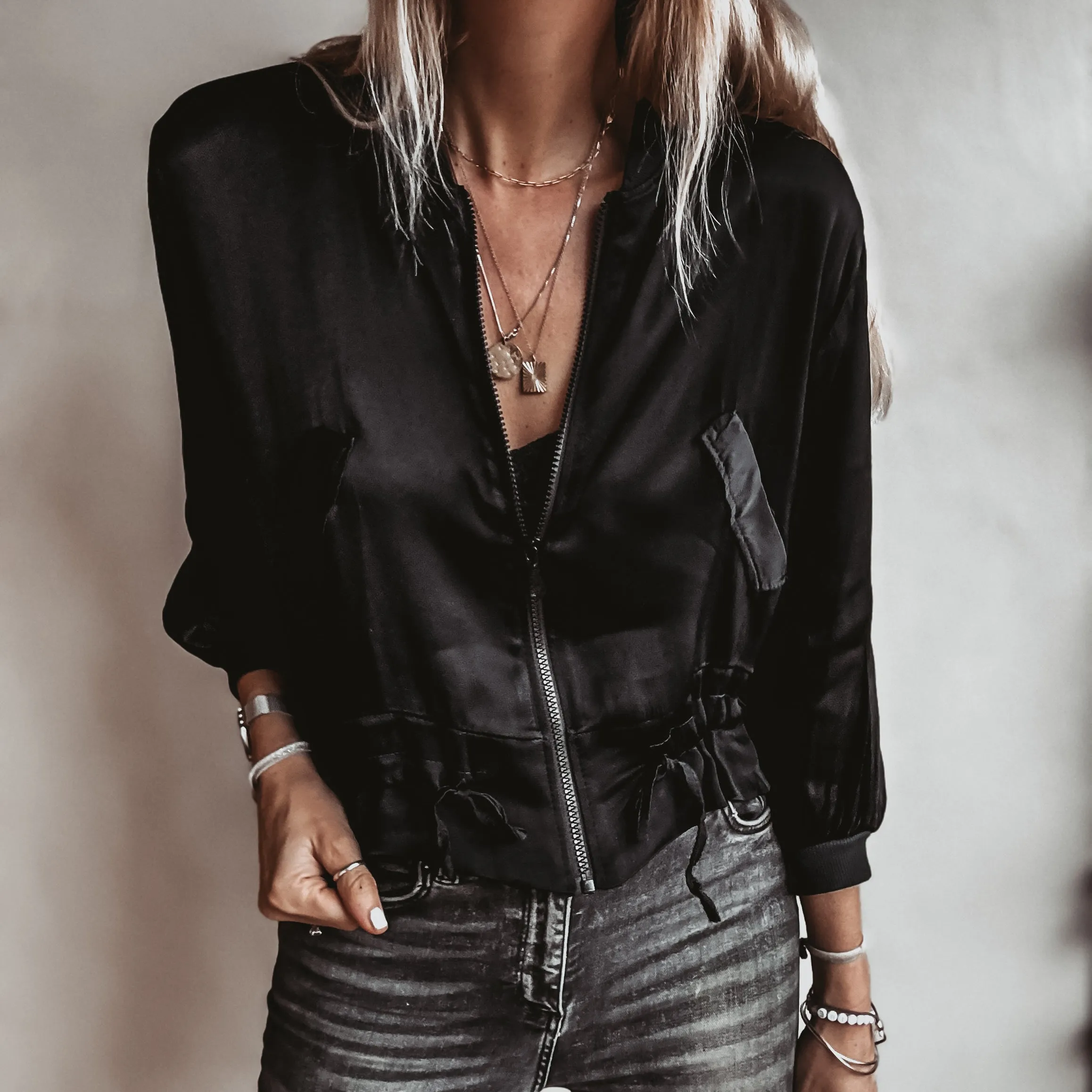 BLACK Satin bomber top